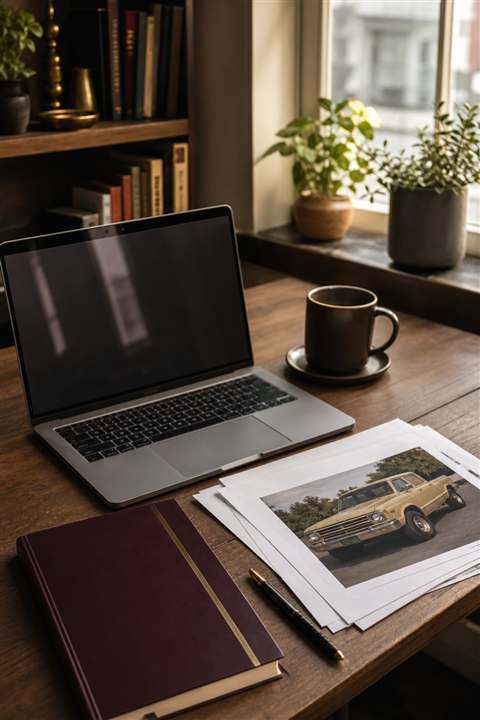 Mesa de trabalho com documentos e computador em escritório de redação